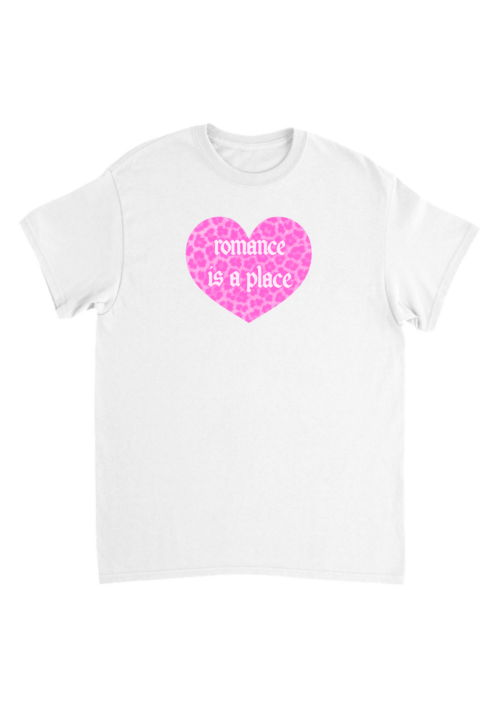 Romance is a place pink leopard print heart band tees