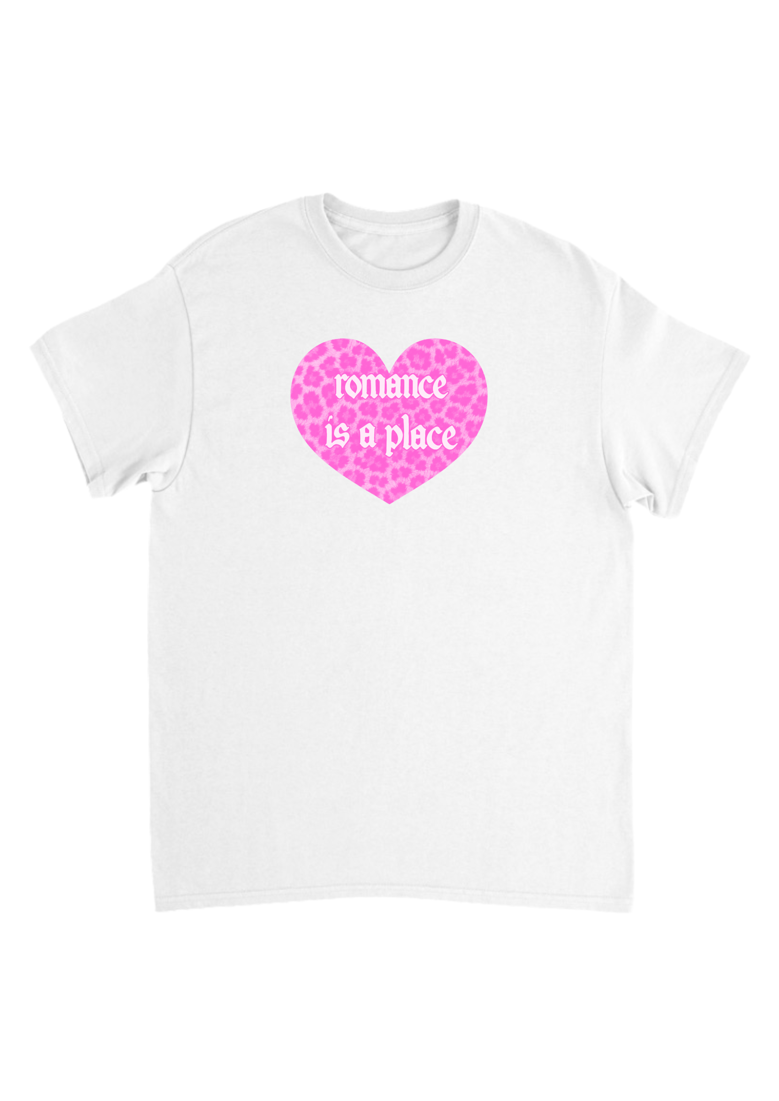 Romance is a place pink leopard print heart band tees